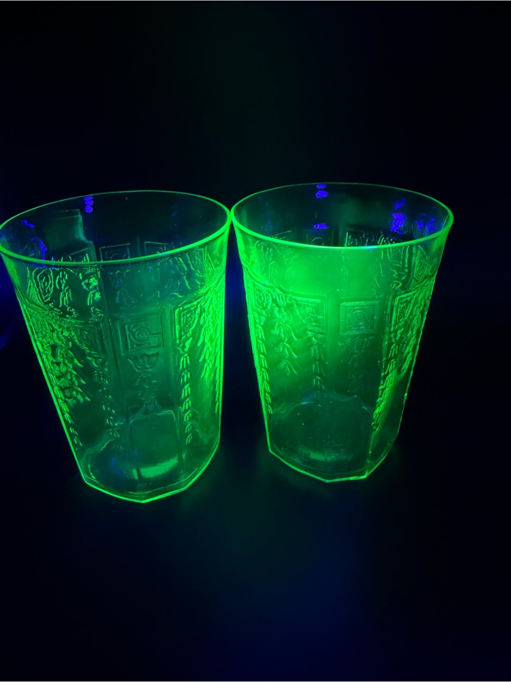 2 Anchor Hocking PRINCESS Green Uranium UV Depression Glass 4” Flat Tumblers